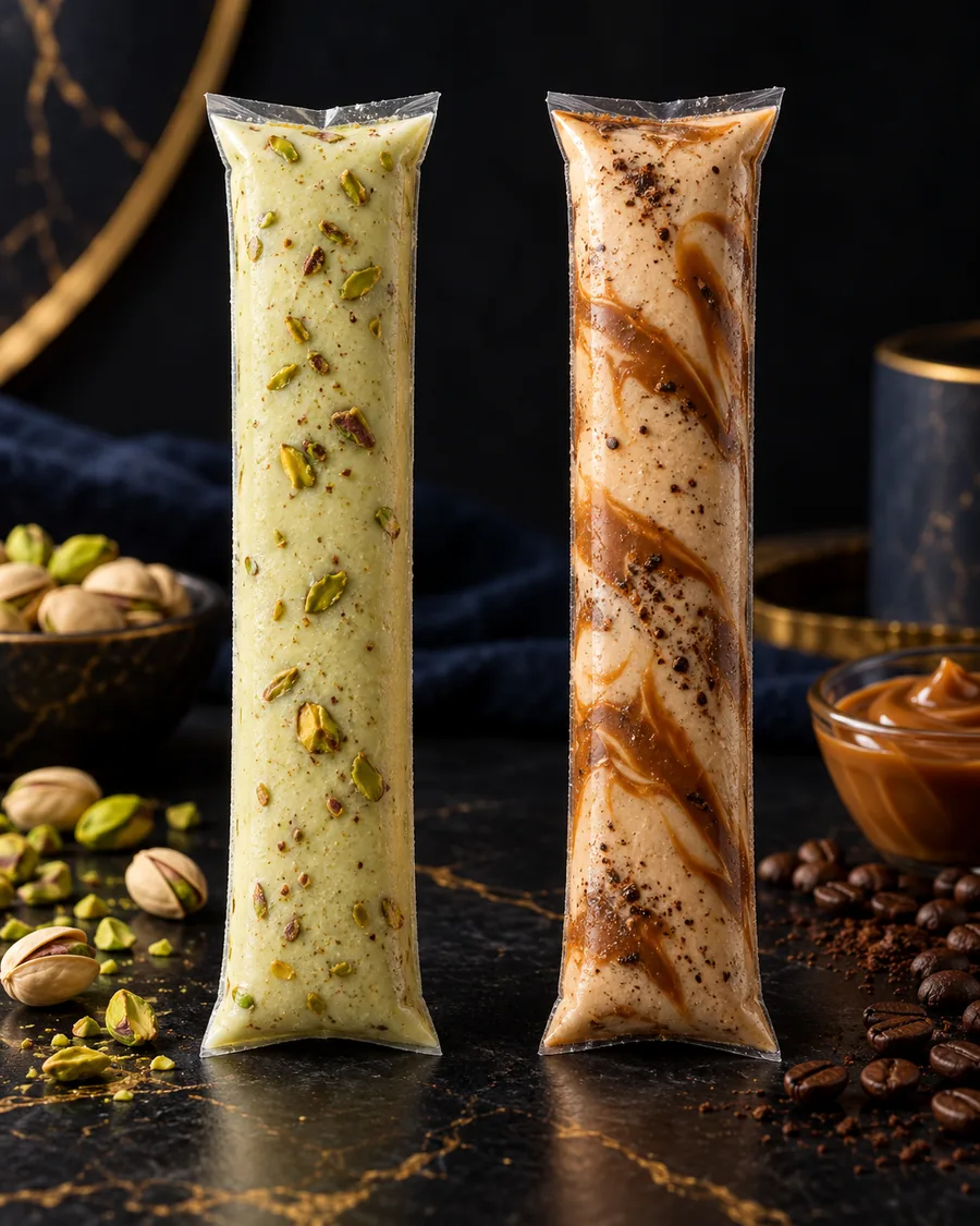Dois geladinhos gourmet: pistache e cappuccino com doce de leite