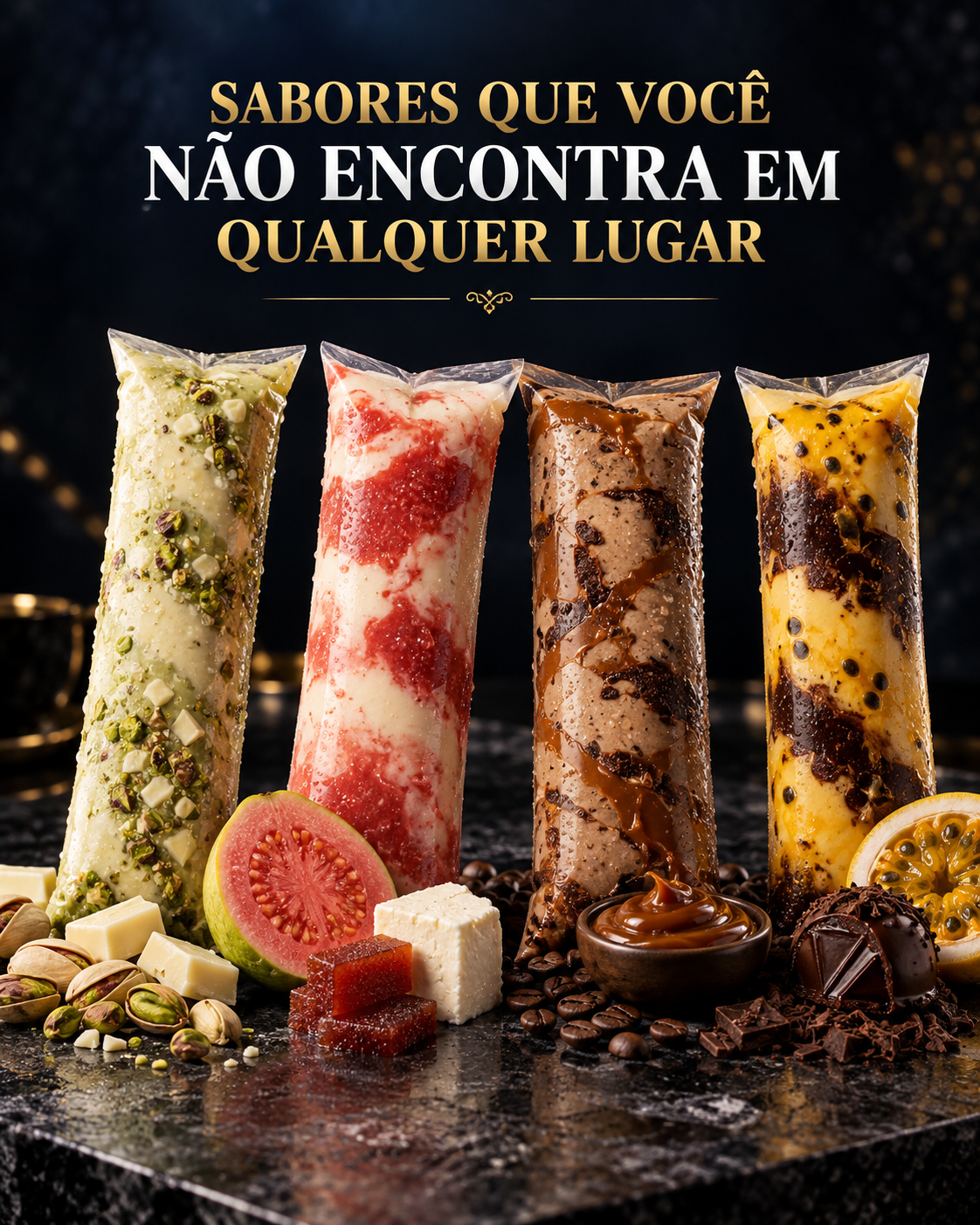 Geladinhos gourmet de sabores exclusivos com pistache, goiabada com queijo, cappuccino com doce de leite e maracujá trufado