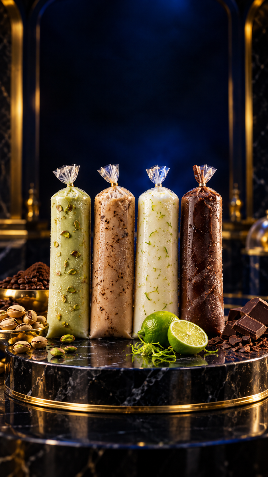 Geladinhos gourmet de pistache, cappuccino, limão e chocolate em uma apresentação inspirada nas gelaterias italianas