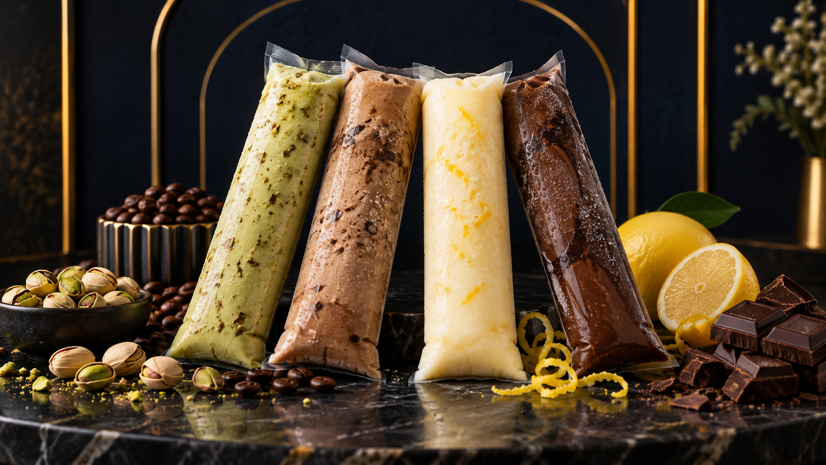Geladinhos gourmet de pistache, cappuccino, limão e chocolate com ingredientes em uma vitrine premium